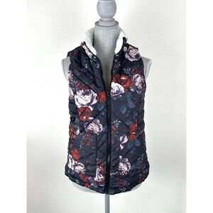 Maurice’s Womens Faux Fur Lined Puffer Vest Zip Up Floral Navy Blue SZ S Cozy